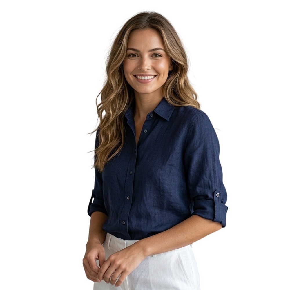 Lauren Ralph Lauren Relaxed Fit 100% Linen Roll Tab Sleeves Shirt Navy Women XL